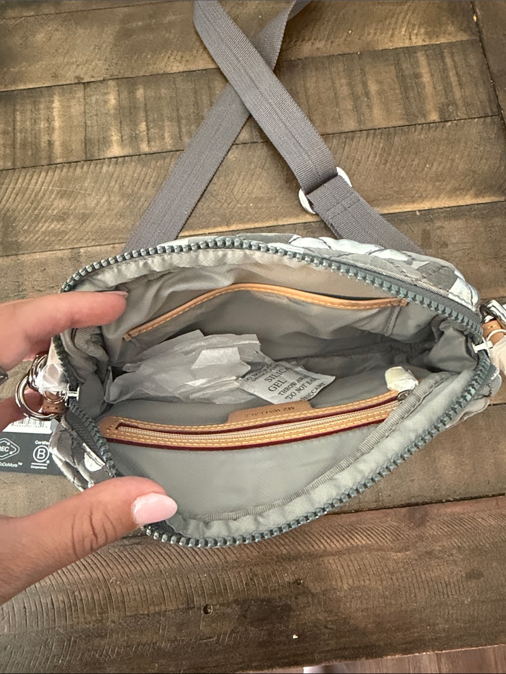 MZ Wallace Quilted Gray Camo Crossbody with Tan Trim - Picture 4 of 5